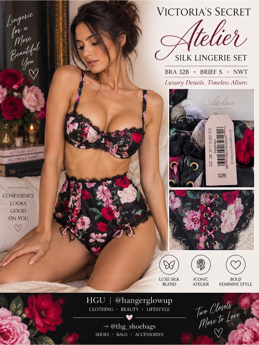 Victoria’s Secret Atelier Black Roses Silk Bra 32B + Silk High Waist Brief S NWT
